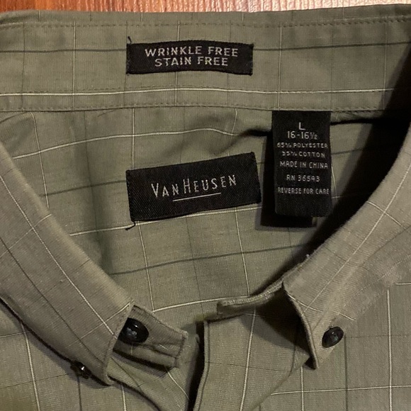 Van Heusen Wrinkle Free, Stain Free Window Pane Button Down Olive Color Large - Picture 2 of 4